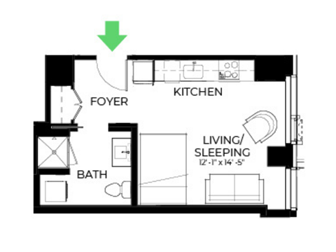 Floor plan for studio, 1 bath, 381 sqft